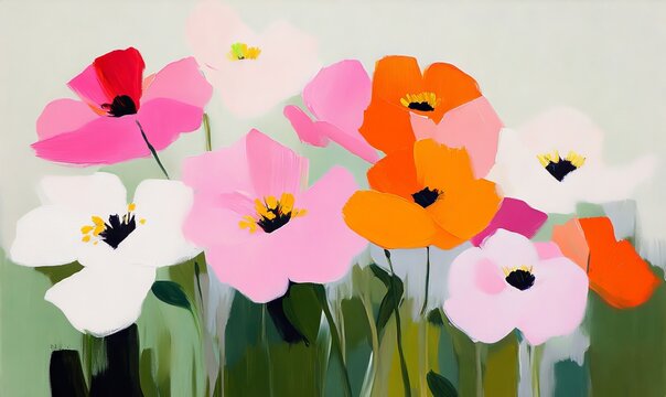 Vibrant floral still life painting on light green background