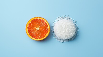 Fresh orange next to a heap of sugar on a blue background, highlighting the contrast of natural sweetness.