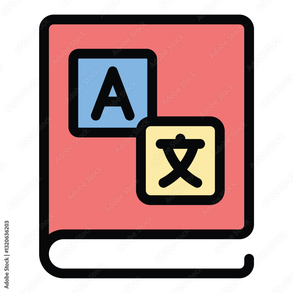 Poster dictionary icon in flat line style representing language vocabulary and reference material ideal for
