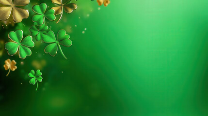 A soft glowing green background featuring golden and green shamrocks in the corner, creating a festive and luxurious St. Patrick’s Day theme.

