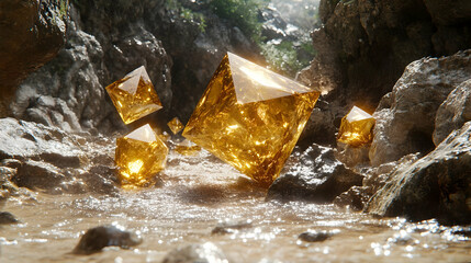 Obraz premium Floating Golden Cubes Among Rocks Under Sunlight in a Geological Landscape with Shiny Mineral Deposits and Clear Geometric Shapes
