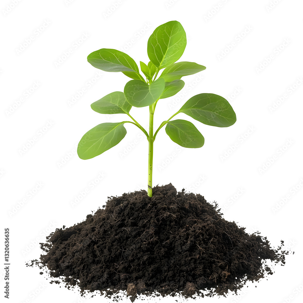 Poster newly growing fragile plant with delicate leaves and stem elegantly rooted in dark fertile soil on a