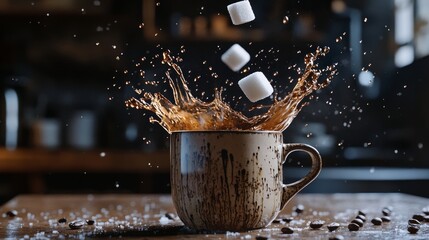 Dynamic splash of coffee with sugar cube impact, dark roasted coffee beans scattered around, black background with dramatic highlights 