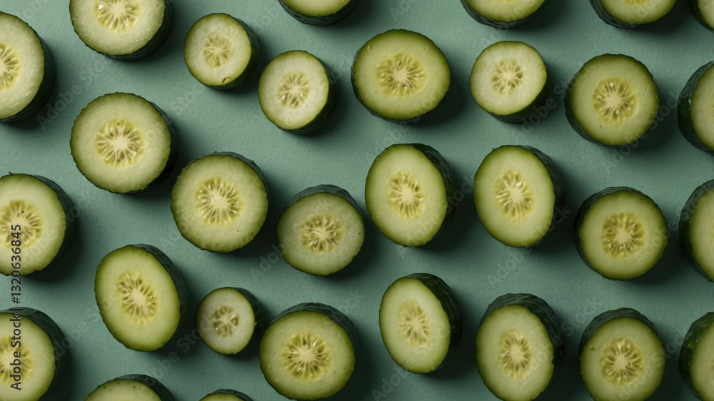 Poster slices of fresh cucumbers are arranged artfully on a refreshing green background.