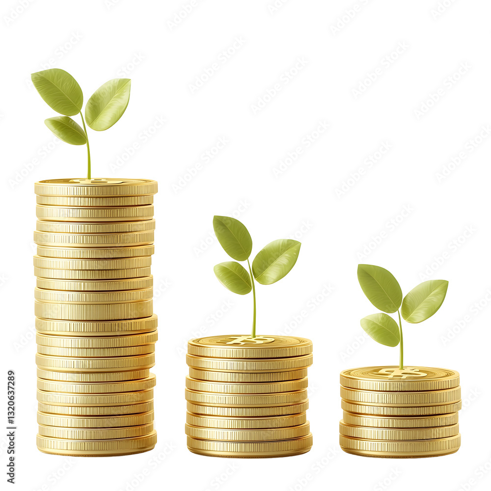 Poster a 3d rendered showcasing three stacks of gleaming golden coins symbolizing financial success economi