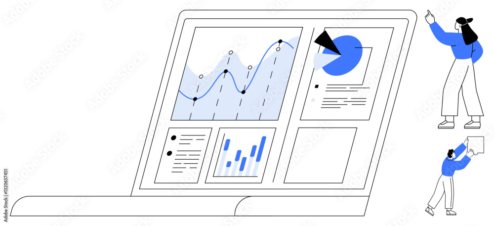 Poster digital charts and graphs displayed on a laptop screen, with characters interacting. ideal for data 