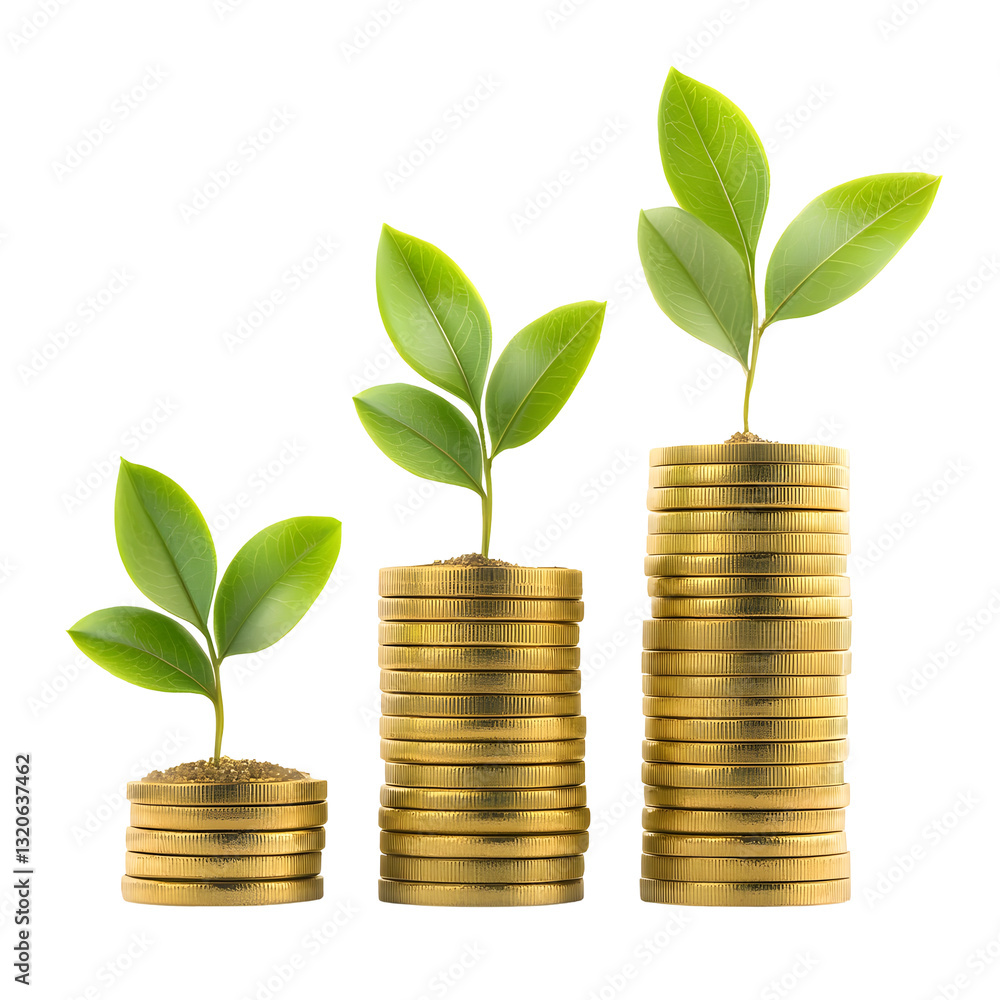 Poster conceptual representation of the process of wealth accumulation showcasing stacks of shiny golden co