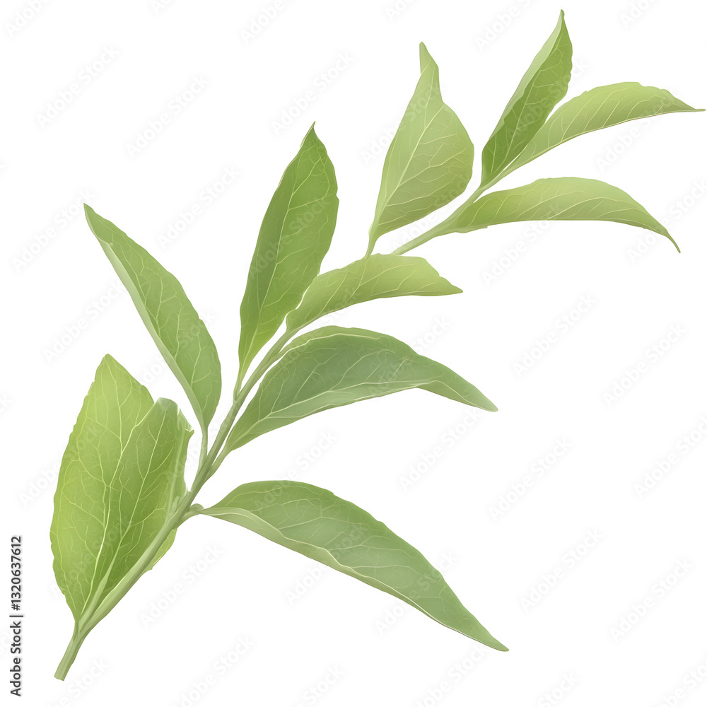 Poster and organic fresh herb sprig with lush symmetrical leaves subtle shading and smooth textures floatin