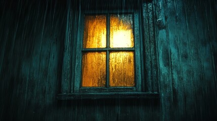 A closed window in a dimly lit room, with rain streaking down the glass, creating a melancholic atmosphere