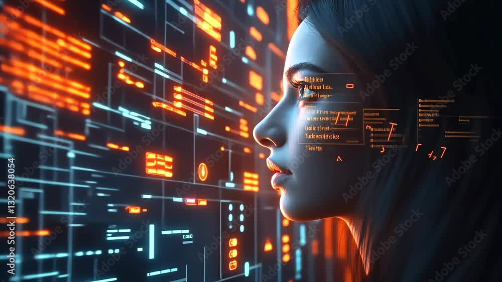Poster woman is looking at a computer screen with a lot of numbers and letters. concept of technology and t
