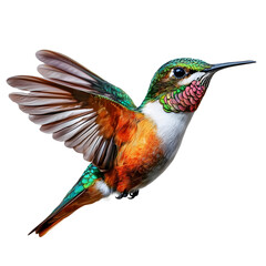 Graceful and lively hummingbird with vibrant shimmering feathers reflecting shades of green orange and blue mid flight with wings slightly blurred floating on a transparent background