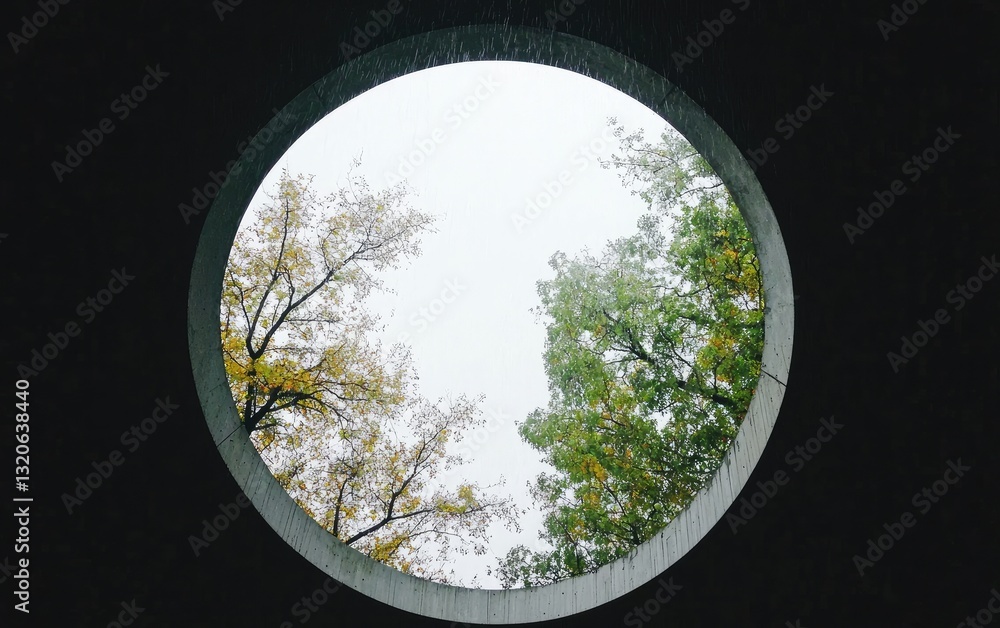 Poster circular window view of trees with yellow and green leaves under a cloudy sky. dark gray background 