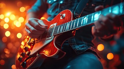 Obraz premium Close-up of a musician's hands skillfully playing electric guitar on stage in warm backlight glow, a musical performance.