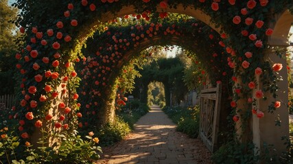 Fototapeta premium A picturesque garden path with arches adorned with roses, creating a romantic and enchanting atmosphere.
