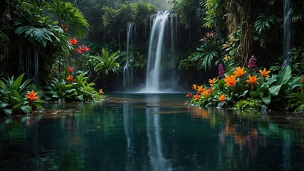 Naklejka premium Waterfall cascading into tranquil pool amidst lush tropical foliage, vibrant blooms add striking color.