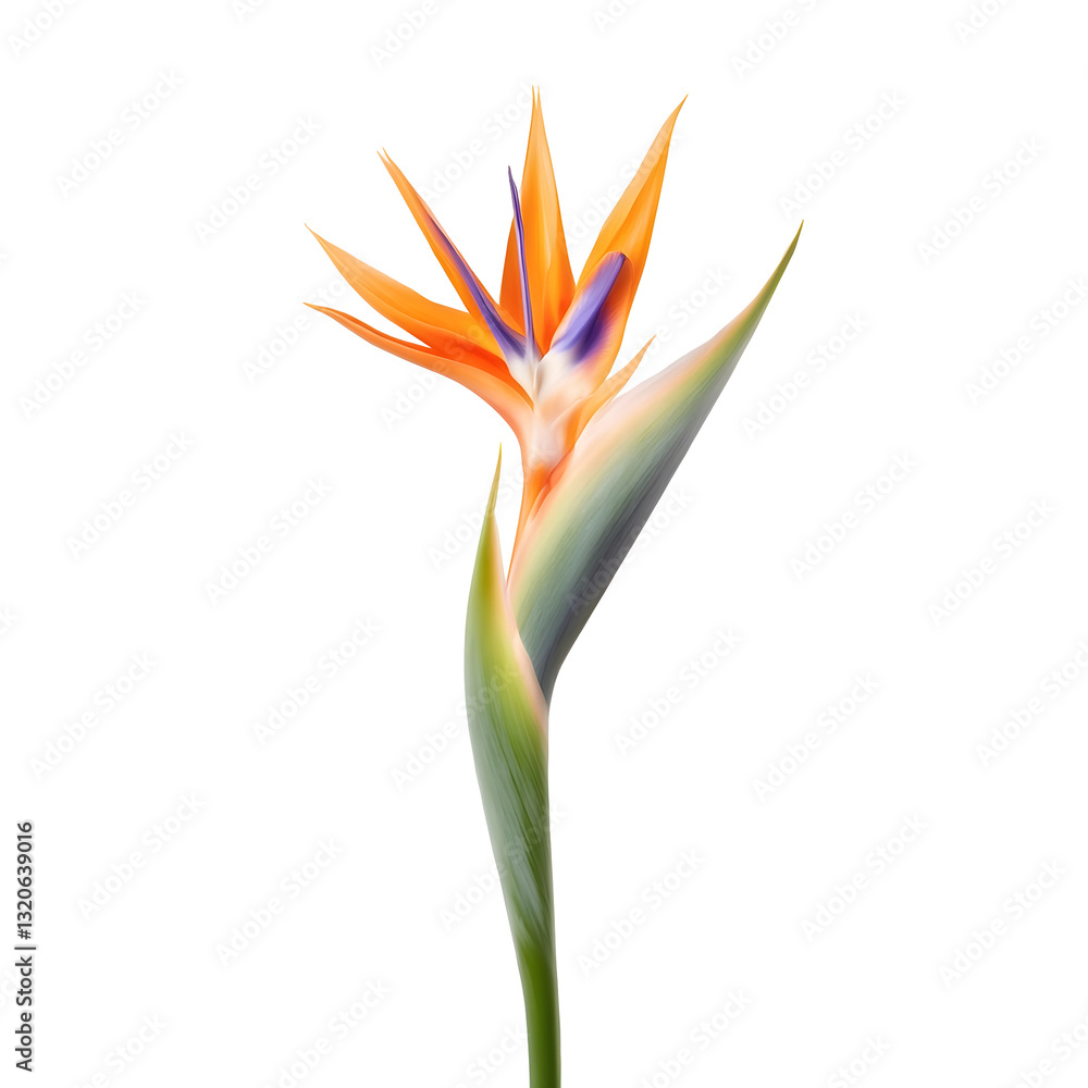 Poster Elegant and Captivating Bird of Paradise Flower with Striking Orange and Deep Blue Petals Artfully Arranged in a Natural Curve Floating Gracefully on a Transparent Background