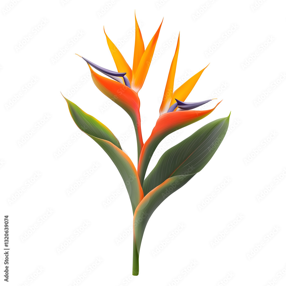 Poster detailed botanical of a lush tropical bird of paradise flower with rich vibrant colors finely textur