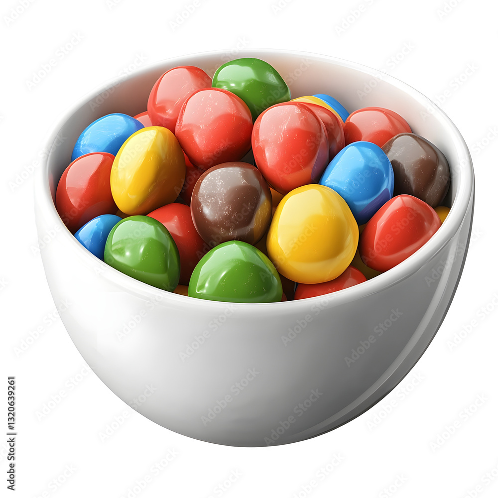 Poster close up of a white bowl brimming with an assortment of colorful candy coated chocolate pieces featu