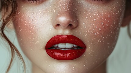 Naklejka premium Close-up of full lips with lipstick, emphasizing natural beauty and pouty glamorous look.