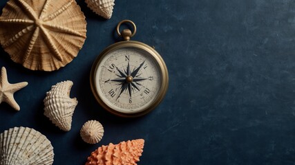 Nautical theme: compass, starfish, and seashells arranged on dark blue background. Maritime exploration and discovery.