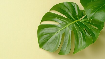 Fototapeta premium Lush Green Monstera Leaf on Pale Yellow Textured Background