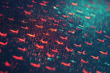 computer, code consisting of icons of little orange, green and red plane shapes in rows, aviation and aircraft industry concept, technology and IT background