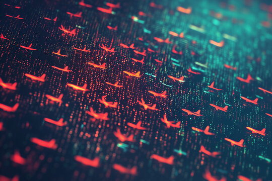 computer, code consisting of icons of little orange, green and red plane shapes in rows, aviation and aircraft industry concept, technology and IT background