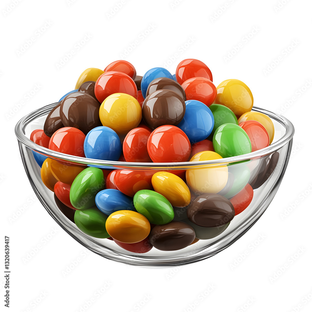 Poster Decadent Chocolate Filled Candy Shells in a Captivating Bowl Display   A close up view of a transparent glass bowl meticulously filled with a vibrant assortment of smooth