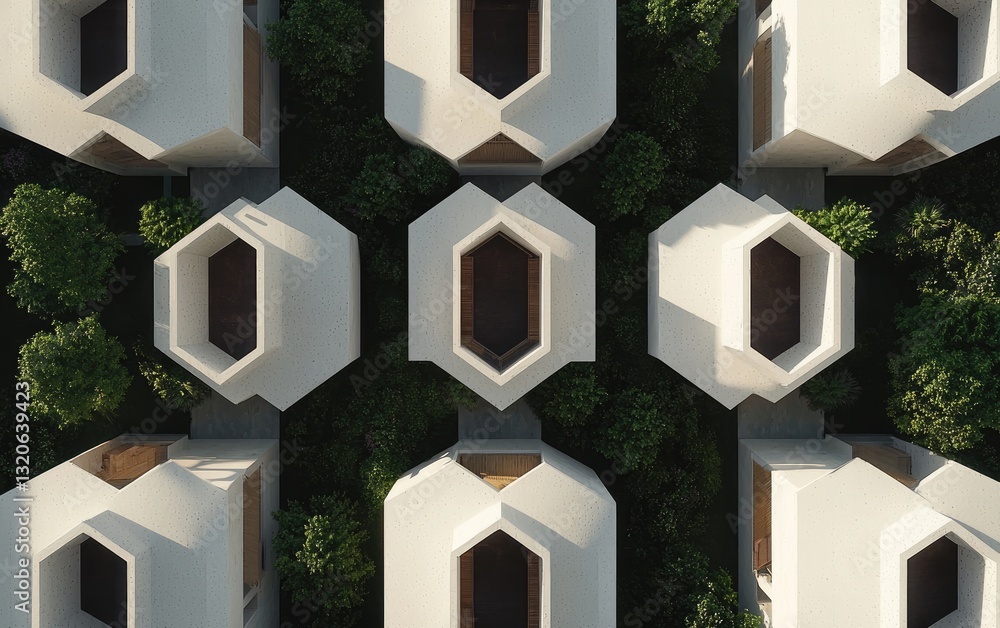 Poster aerial view of hexagonal buildings surrounded by lush green foliage. white structures with dark brow
