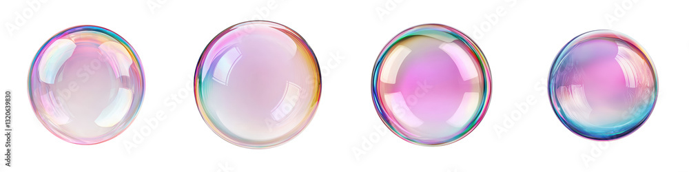 Poster mesmerizing iridescent bubbles or spheres with glossy shiny surfaces reflecting a kaleidoscopic arra