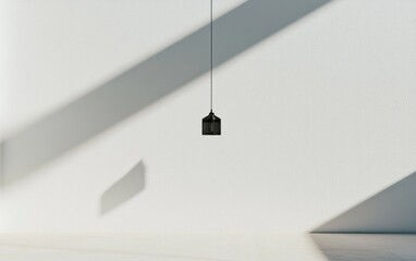 Minimalist interior scene featuring a small black house icon on a textured white wall, illuminated by diagonal sunlight casting shadows
