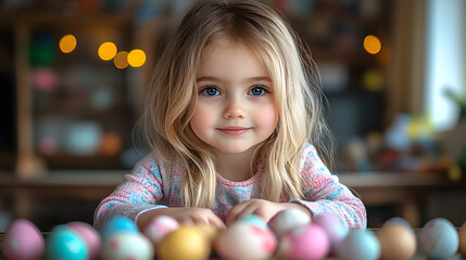 Fototapeta premium Smiling little girl admiring colorful eggs