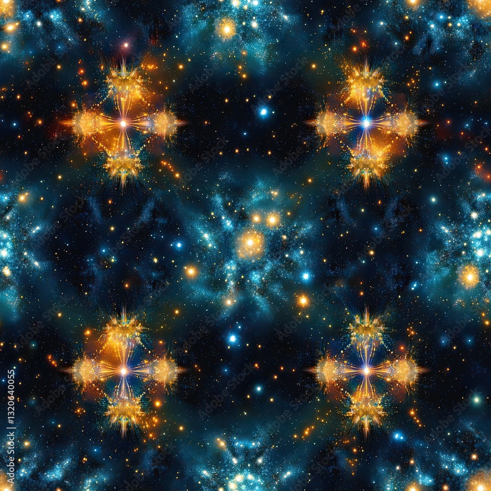 Poster abstract nebula kaleidoscopic star seamless pattern design for textile and digital prints