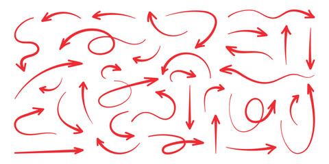 Squiggly red arrow set. Hand drawn chalk elements in flat style. Doodle movement spiral arrows, scribble, lines. Pencil brush for icon, sketch. Children vector illustration on white background.