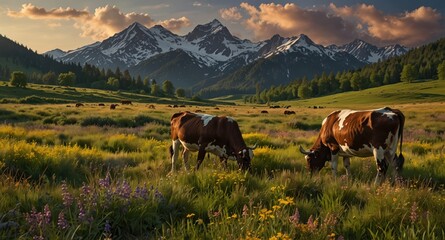 Fototapeta premium Cows graze in a vibrant meadow with majestic snow-capped mountains in the backdrop, under a sky at sunset.