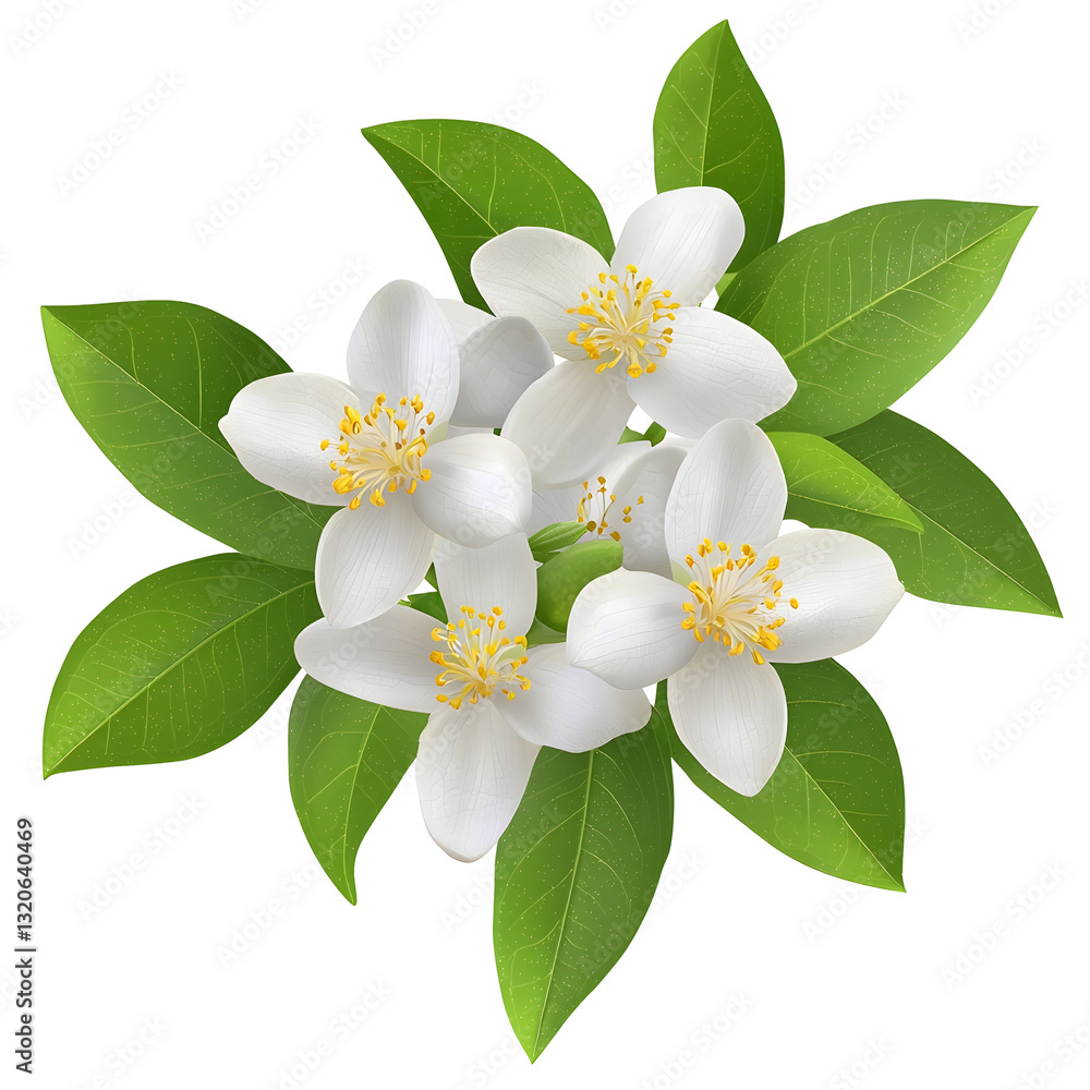 Poster a beautifully detailed citrus blossom with vibrant green leaves intricate petal textures and subtle 