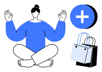 Person meditating in lotus position, blue plus sign, and set of shopping bags. Ideal for mindfulness, balance, consumerism, self-care, retail therapy wellness stress management. Abstract line flat