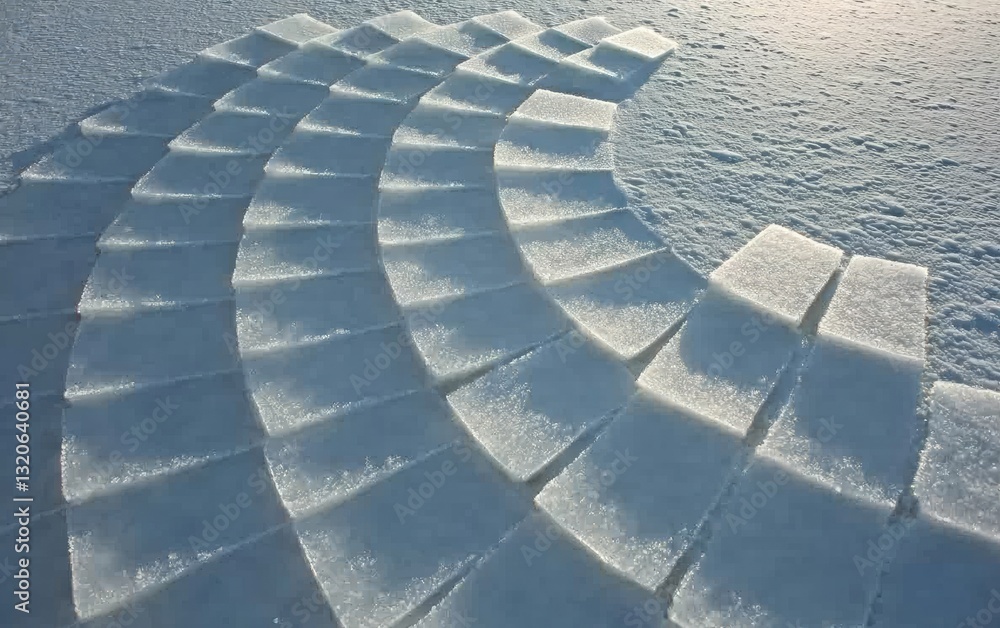 Poster abstract image of numerous translucent, rectangular ice blocks arranged in a spiral pattern on a sno