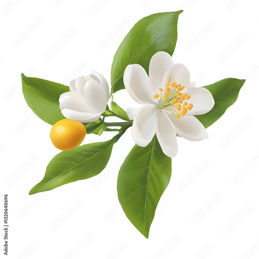 Poster vibrant and fresh citrus blossom with slightly curved light reflections and natural green leaves ele