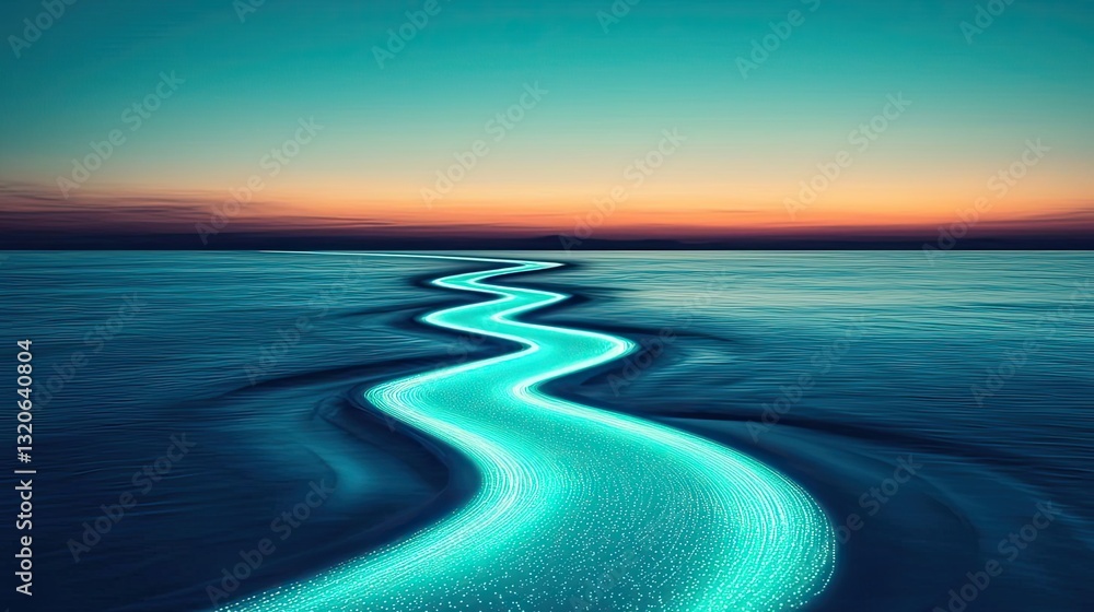 Poster waterscape abstract background concept. a serene ocean view with a glowing blue pathway under a tran