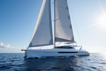 A White Catamaran Sailing Smoothly Across a Clear Blue Ocean Under a Bright Sky with Fluffy Clouds, Captured During a Calm and Sunny Day