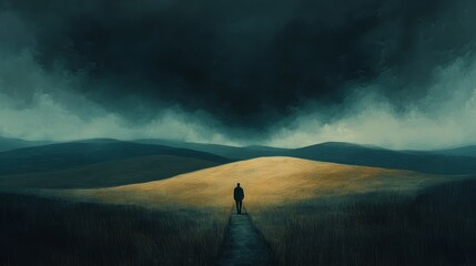 A desolate landscape with dark skies, rolling hills, and a distant figure walking alone