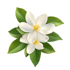 This stunning close up image showcases the exquisite beauty of a citrus flower  with its pure white petals  vibrant yellow pistil  and lush green leaves