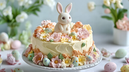 A carrot cake decorated with a charming Easter bunny, surrounded by colorful sugar flowers, pastel icing, and spring-themed touches for a festive look.A carrot cake decorated with a charming Easter bu