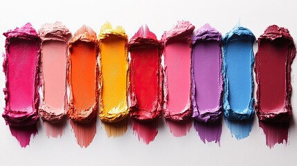 Colorful lipstick smears create a vibrant, textured composition of various shades and finishes on a white background, ideal for beauty and cosmetic concepts.