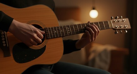 Fototapeta premium Young caucasian adult playing acoustic guitar in cozy room lighting