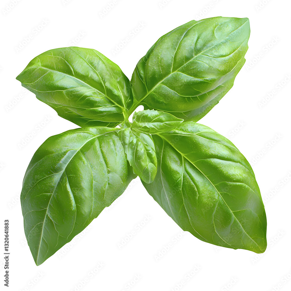 Poster image of a fresh vibrant green basil leaf with subtle natural highlights and shadows perfectly isola