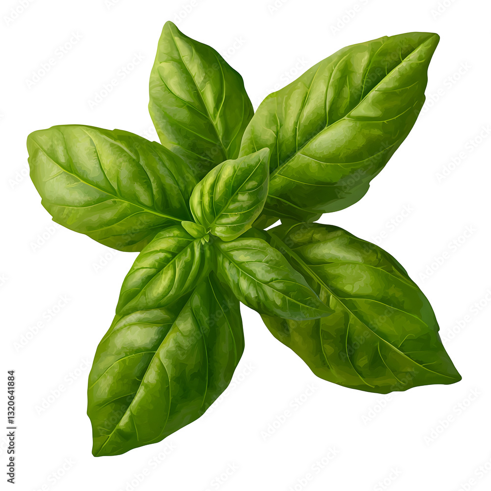 Poster and image of a fresh vibrant green basil leaf with a subtle natural shadow perfectly isolated on a t