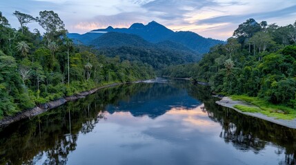 Obraz premium Serene jungle river with lush greenery and mountainous horizon at dusk