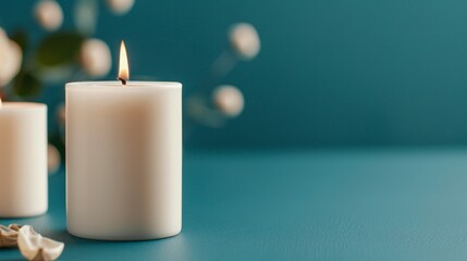 White scented candle on turquoise background with soft focus floral elements